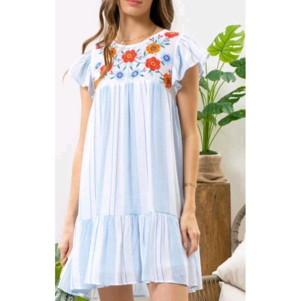 By The River Dress Medium Embroidered Flutter Sleeve Boho Striped Anthropologie